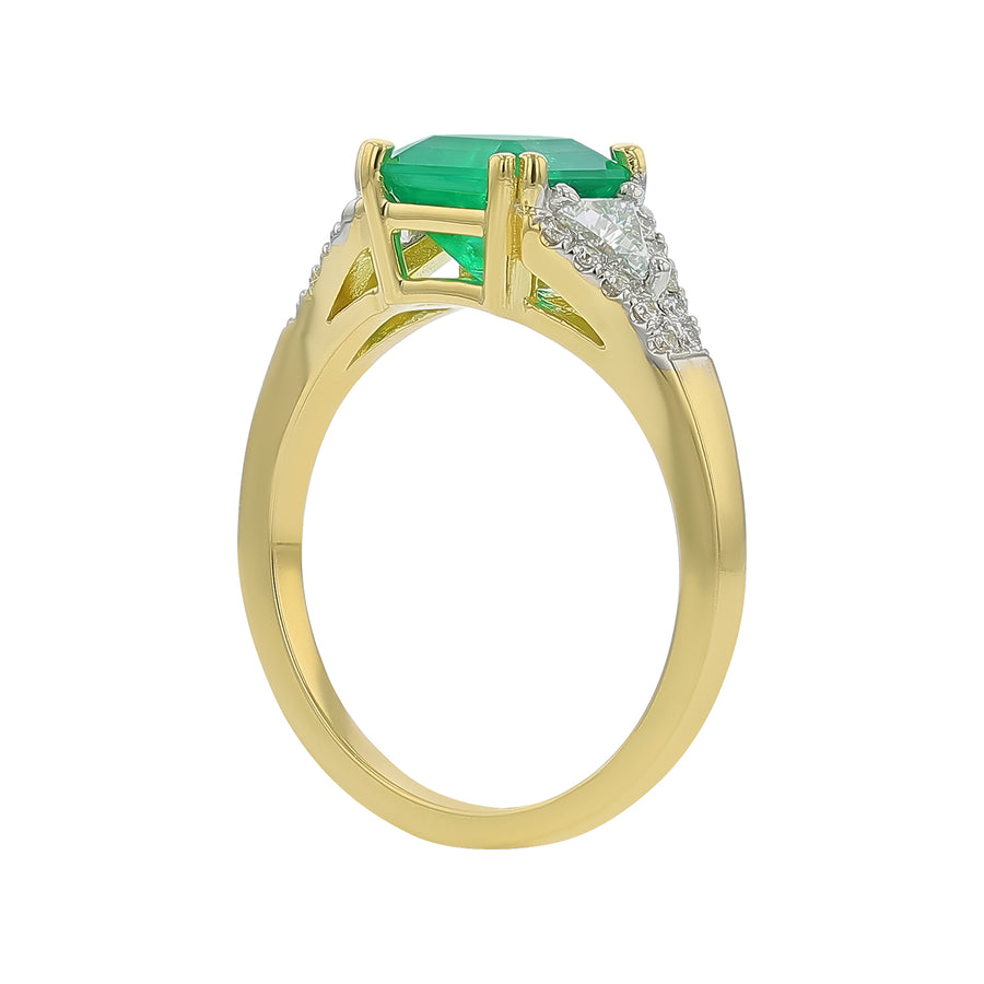1.62ct Colombian Square Emerald and 0.41ct Trillion and Round Diamond Ring in 18K Yellow Gold, size 6.5