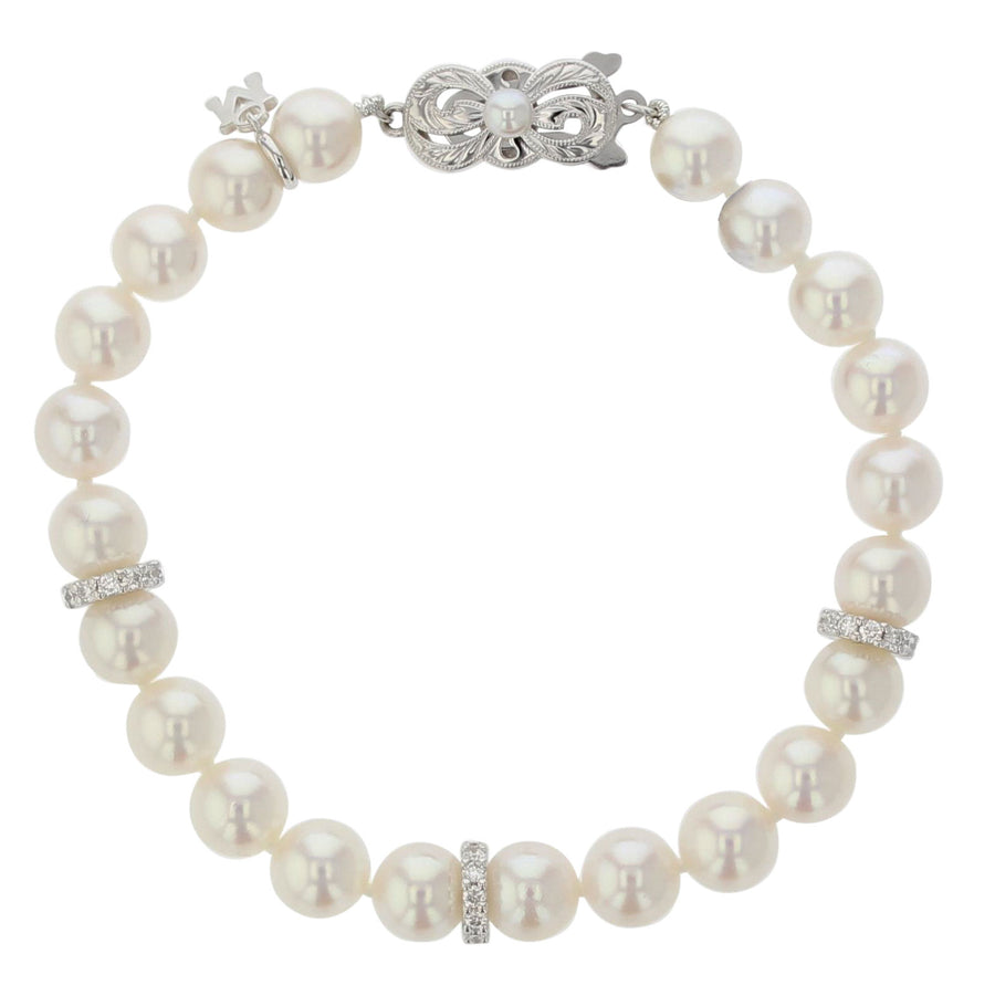 18KW 23 7-7.5MM AKOYA A PEARLS AND 27 FULL CUT DIAMONDS=0.45CTS (3 DIAMOND RONDELLES) 7.5" BRACELET