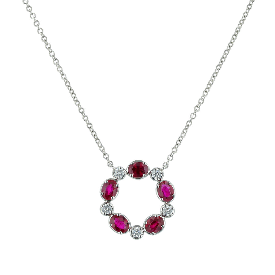 Medallion Round Diamond and Oval Ruby Necklace in 18K White Gold, 18in