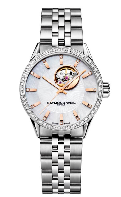 29MM STEEL ROSE GOLD DIAL MOP LADY SUNSHINE OPEN BALANCE WHEEL AUTO DIAMOND BEZEL BRAC 38 HOUR POWER RES