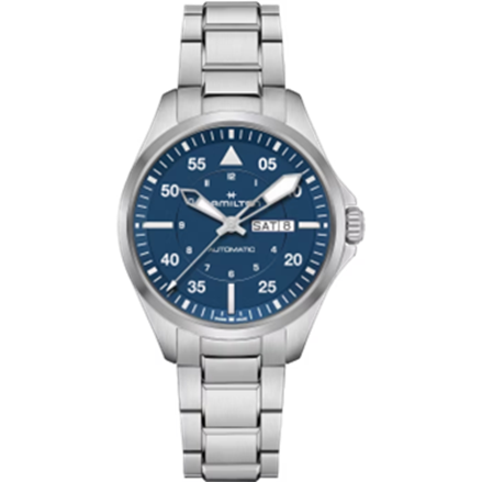 42mm Khaki Aviation Pilot Automatic Watch with Blue Dial in Stainless Steel, Bracelet