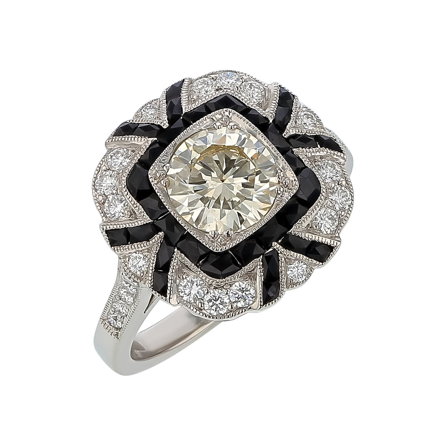 1.03ct Center Diamond and 0.31ct Diamond, and 0.98ct Black Onyx Ring in Platinum, size 6.5