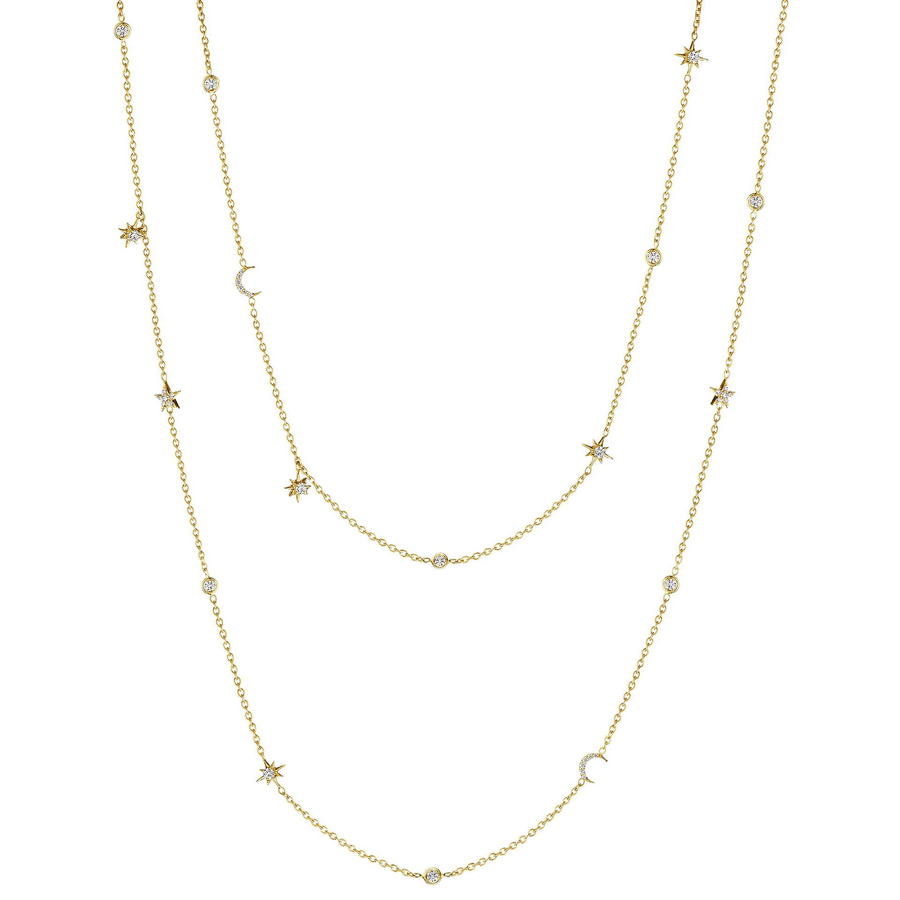 Moon & Stars 0.95ct Diamond Station Necklace in 18K Yellow Gold, 34"