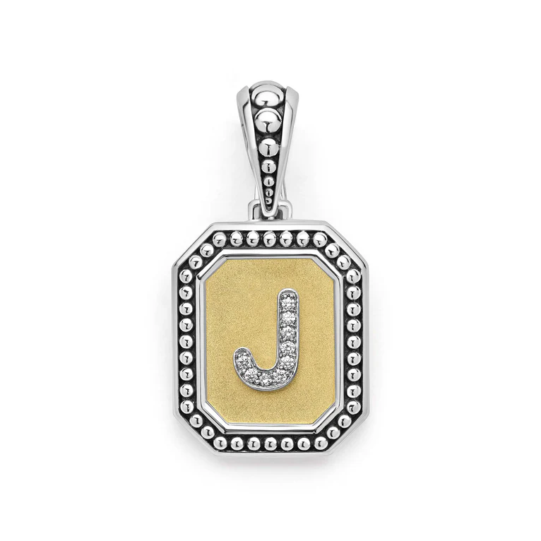 Signature Caviar 0.04ct Diamond Octagon Initial "J" Pendant in 18K Yellow Gold and Sterling Silver, without chain