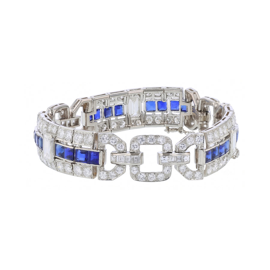 Art Deco 1.20ct Sapphire 5.65ct Round and 1.92ct Emerald Cut Diamond Section Bracelet in Platinum