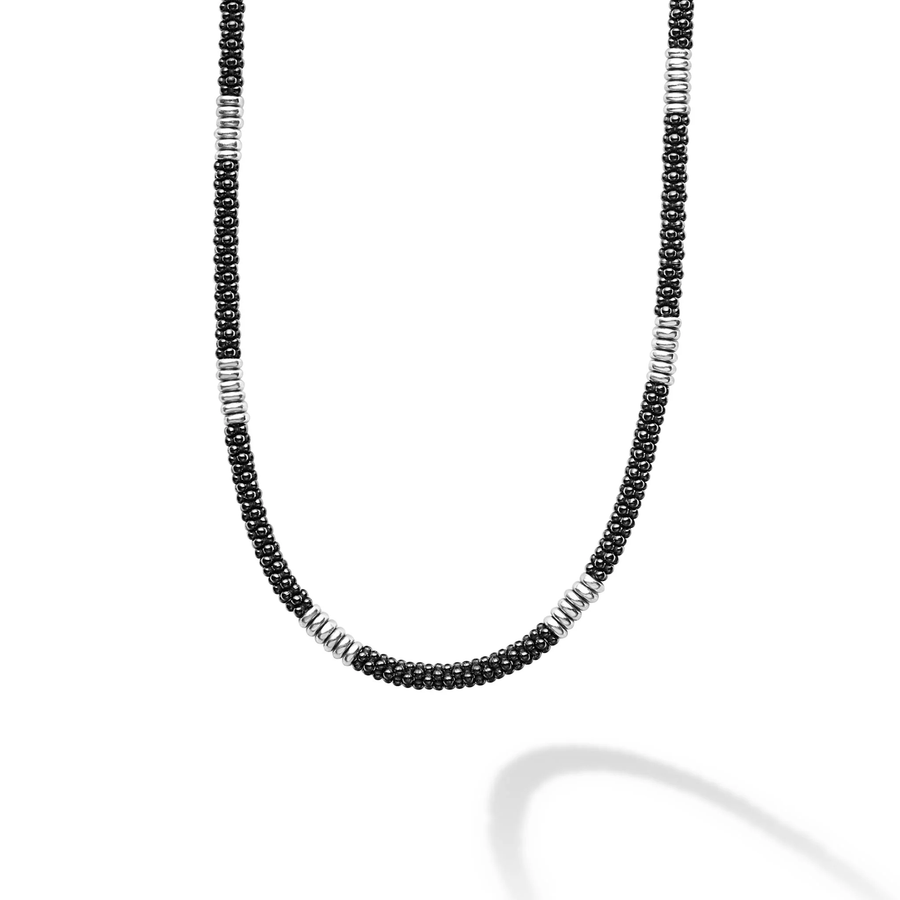 Black Caviar 3mm Station Beaded Necklace in Sterling Silver and Ceramic 16"