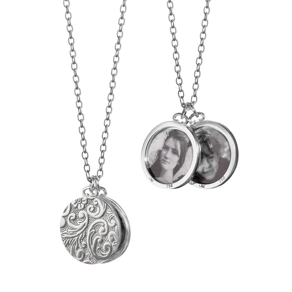 Classic Two Round Half Floral Locket in Sterling Silver, 30" chain