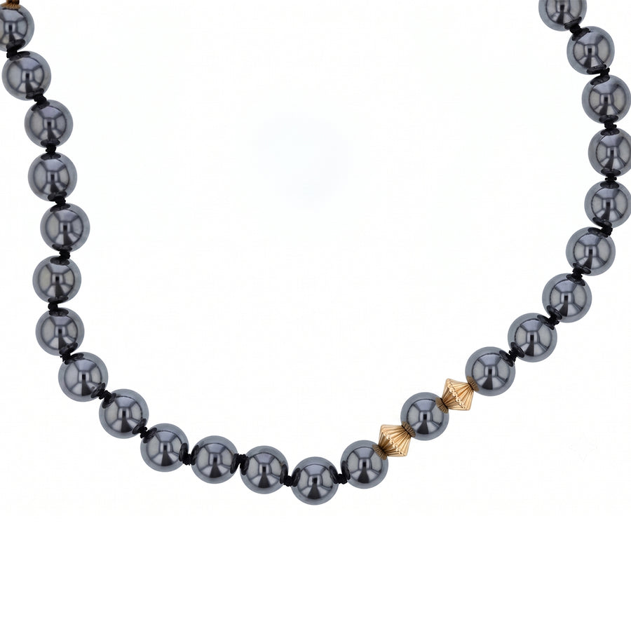 8-8.5mm Hematite and Gold Bead Necklace in 14K Yellow Gold 28"