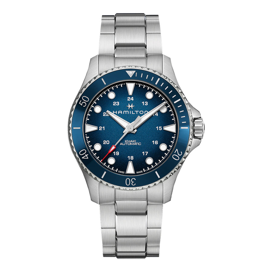 43MM SS KHAKI NAVY SCUBA AUTO WITH BLUE INDEX DIAL AND ROTATING BLUE BEZEL WITH SS BRACELET