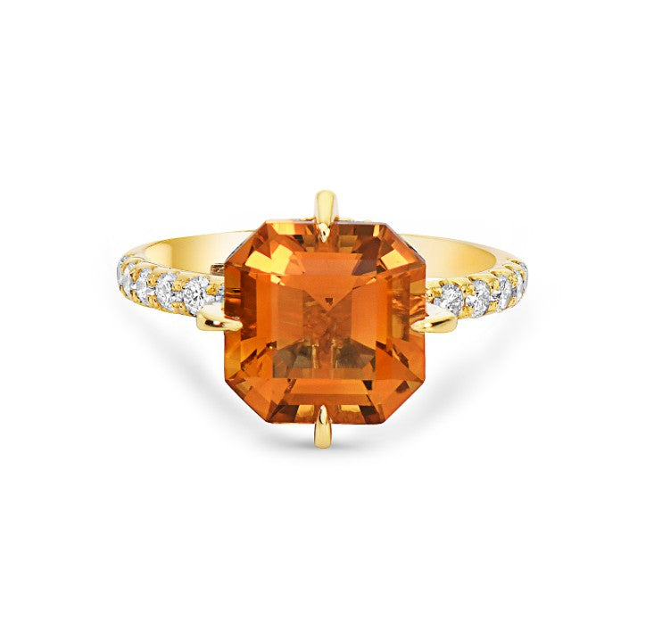 Pastel 4.22ct Asscher Cut Citrine and 0.64ct Diamond Ring in 18K Yellow Gold, size 6.5