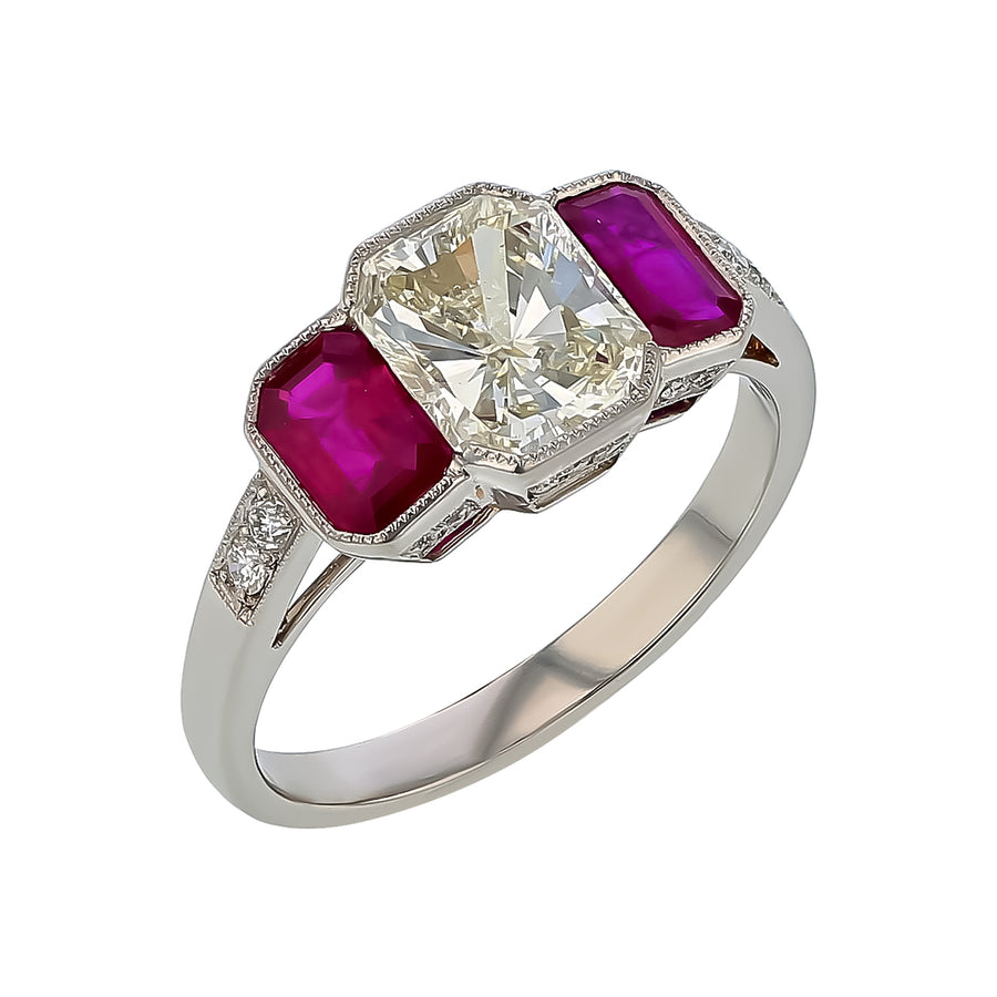 1.63ct Diamond and 1.11ct Ruby 3 Stone Ring in Platinum, size 6.5
