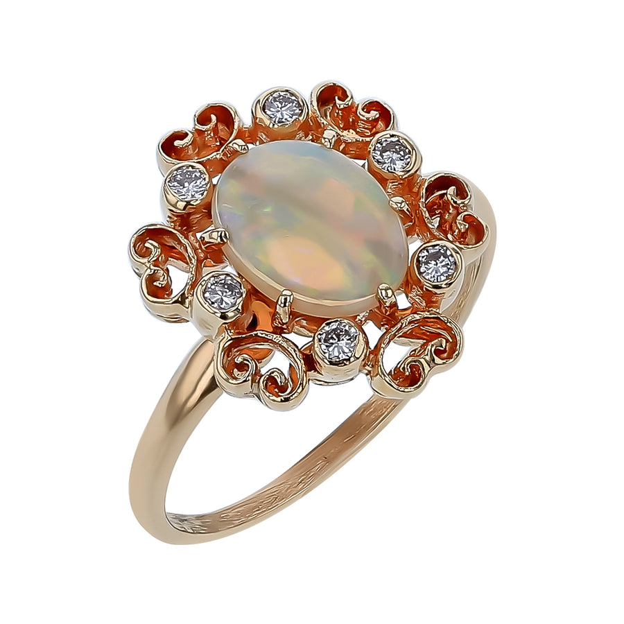 Oval Opal and 0.15ct Diamond Filagree Halo Ring in 14K Yellow Gold, size 8.25