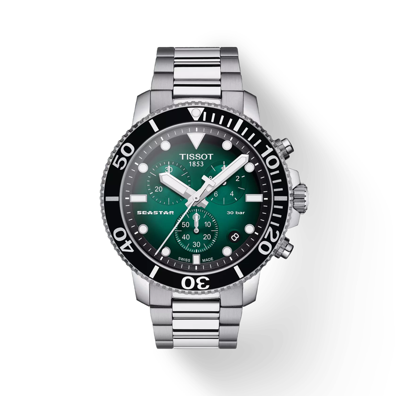 45.5mm Seastar 1000 Chronograph Watch with Green Gradient Dial in Stainless Steel, Bracelet