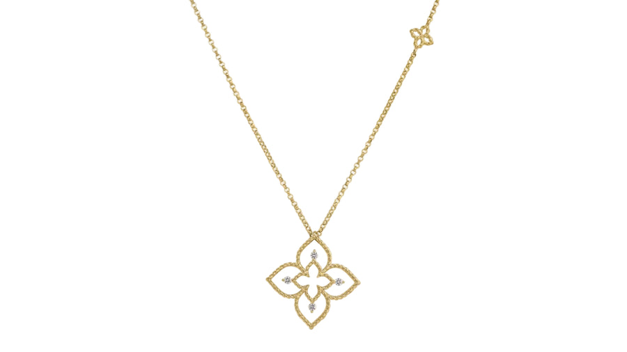 Principessa 0.05ct Diamond Flower Pendant in 18K Yellow Gold, 17" chain