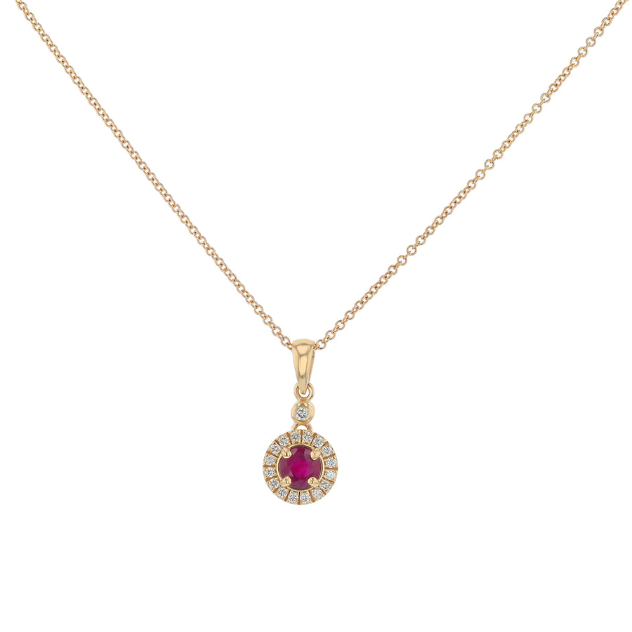 0.66ct 5mm Round Mozambique Ruby and 0.17ct Full Cut Diamonds Halo Pendant in 14K Yellow Gold on 18" chain