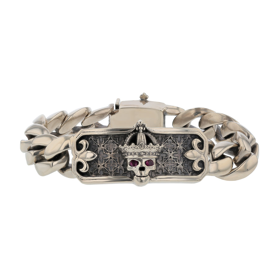King Baby Skull Curved Link Bracelet in Sterling Silver, 8.25"