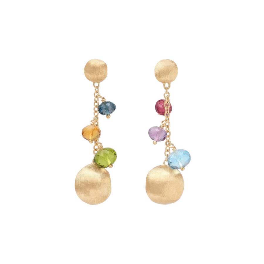 Gold earrings with colorful beads on a white background