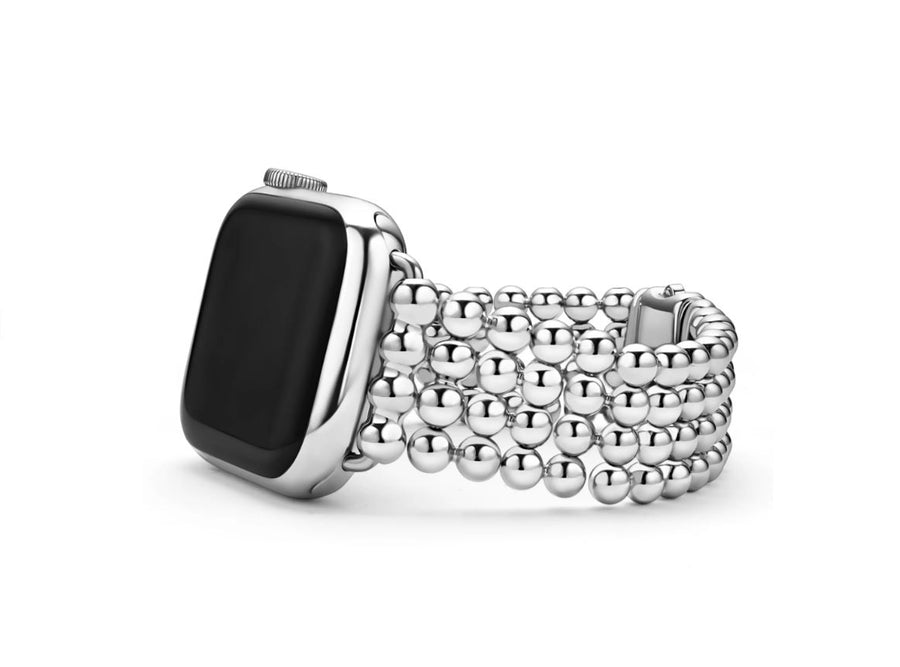 A stainless steel Apple Watch band with a smart caviar infinite design, featuring a series of interlinked round beads.