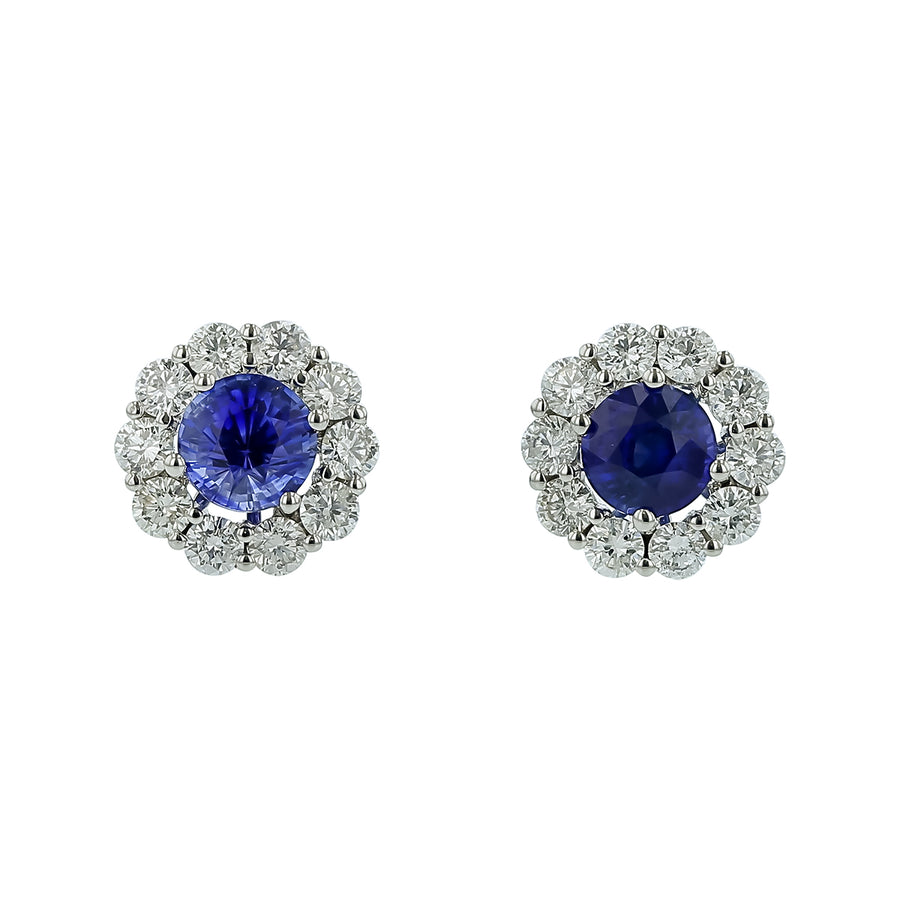1.19ct Saphire and 0.85ct Diamond Halo Stud Earrings in 18K White Gold