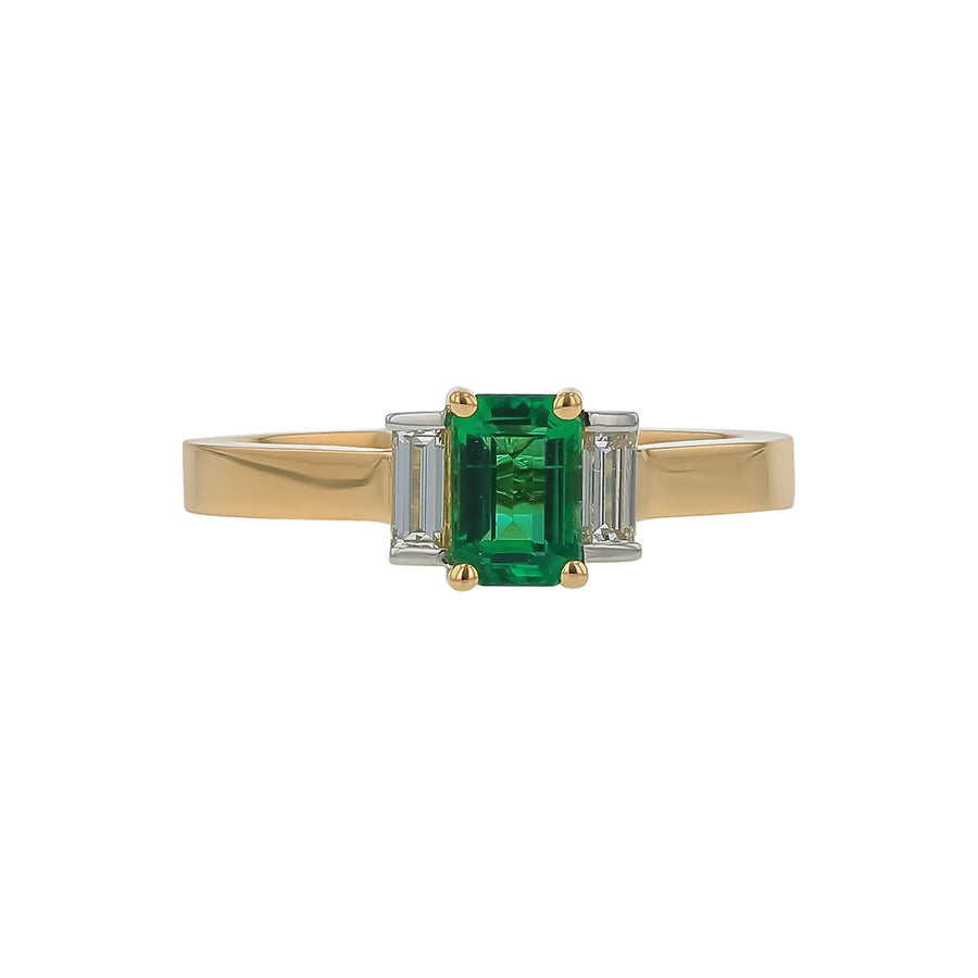 0.65ct Emerald Cut Zambian Emerald and 0.20ct Diamond 3 Stone Ring in 18K Yellow Gold, Size  6