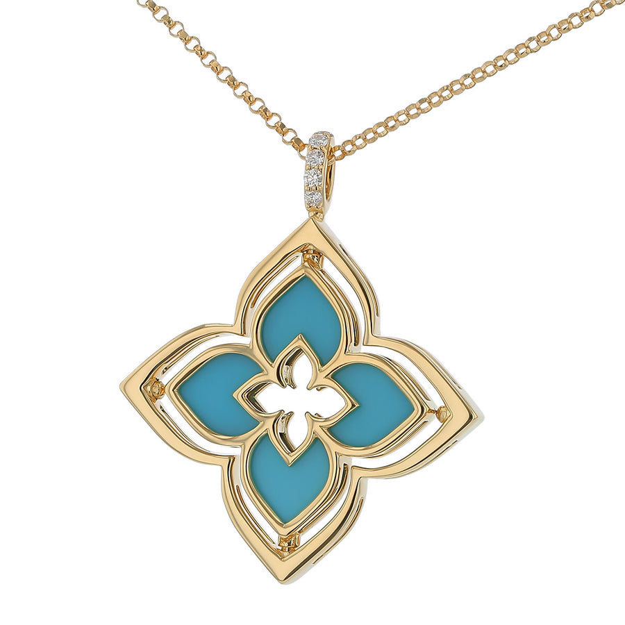 Venetian Princess 0.12Ct Diamond and Turquoise Pirouette Pendant on Chain in 18K Yellow Gold, 17"