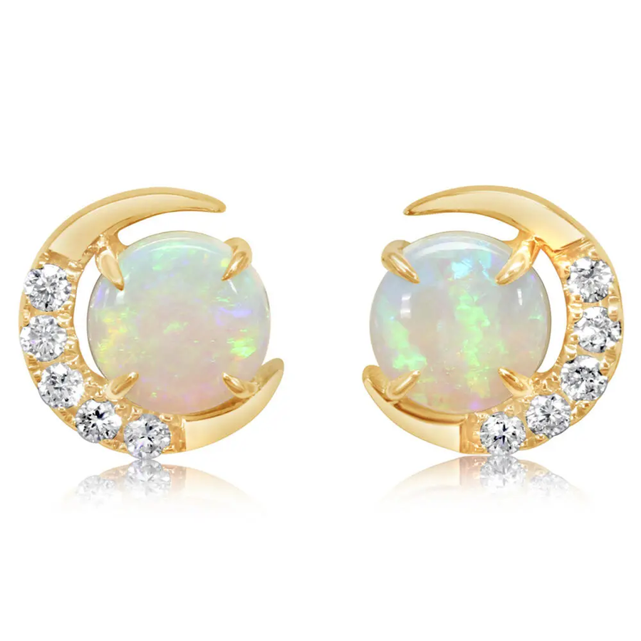 0.90ct Australian Opal and 0.11ct Diamond Moon Stud Earrings in 14K Yellow Gold