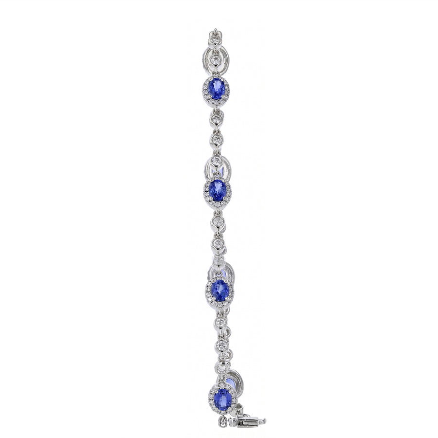 2.22ct Oval Sapphire and 0.91ct Round Diamond Cluster Bracelet in 14K White Gold, 7"