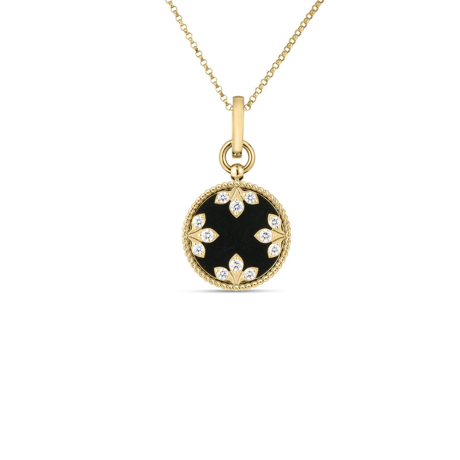 Colored Medallion 0.05ct Diamond and Black Jade Pendant on Chain in 18K Yellow Gold, 17" chain
