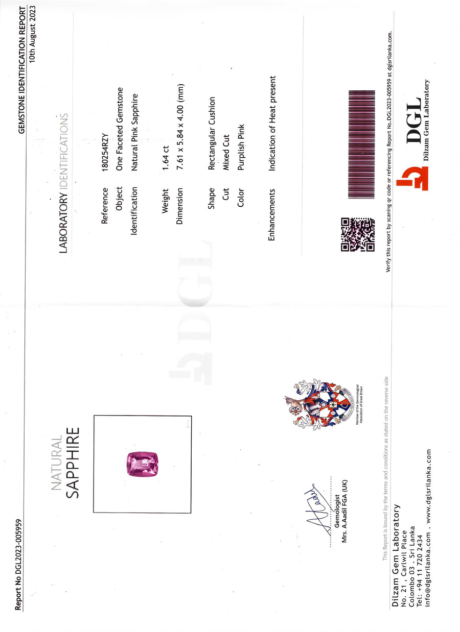 1.64ct Cushion Pink Sapphire DGL and 0.38ct Shield Diamonds Three Stone Ring in Platinum, Size 6