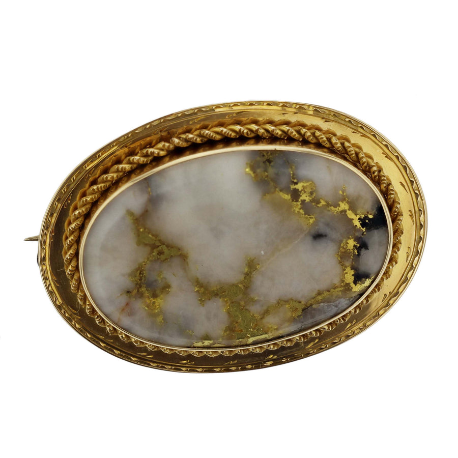 Flat Cabochon Cryptocrystalline Quartz Pin in 14K Yellow Gold with Roll-Over Clasp