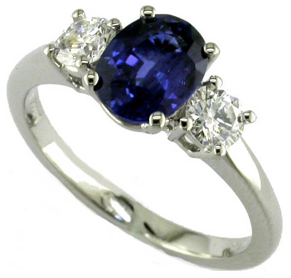 3.42ct Oval Sri Lankan Sapphire and 0.60ct Diamond 3 Stone Ring in Platinum, Size 6.25