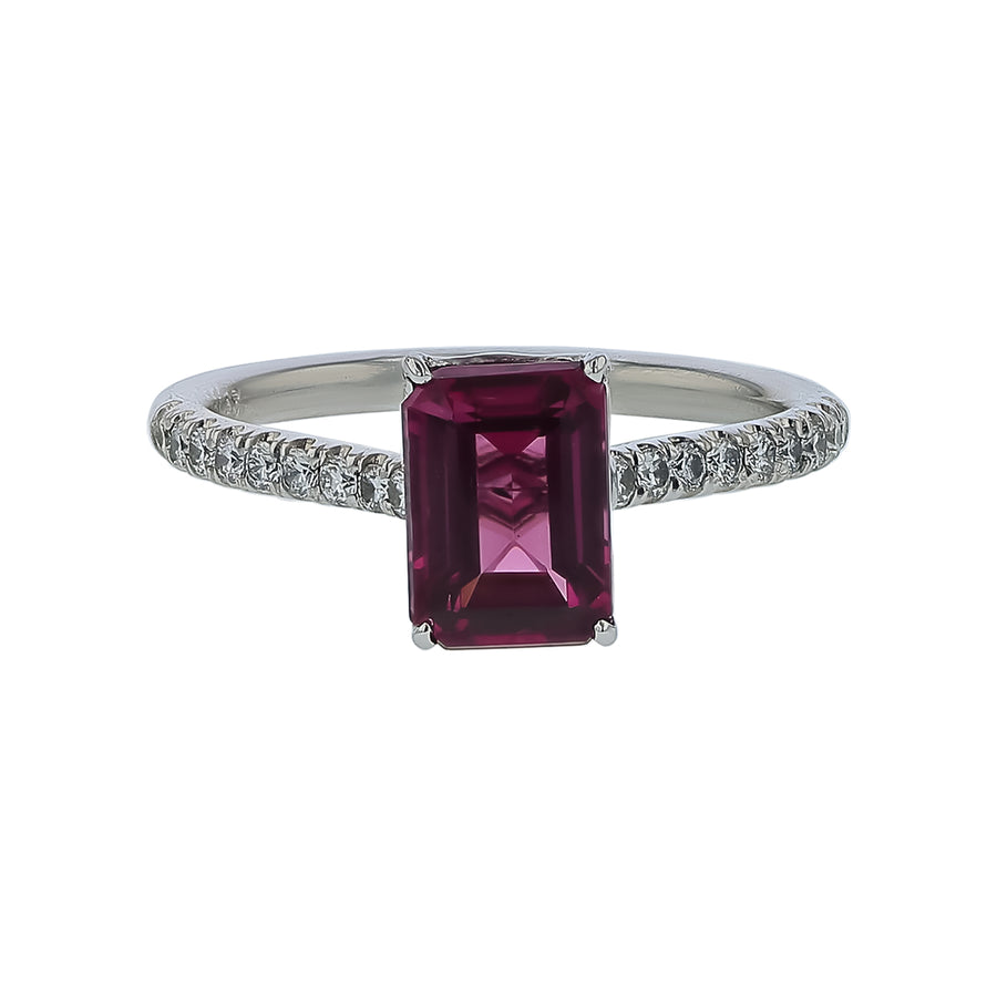 1.81ct Emerald Cut Rhodolite Garnet and 0.21ct Diamond Ring in Platinum, Size 6