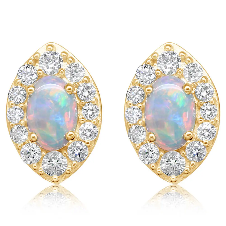 0.54ct Australian Opal and 0.42ct Diamond Halo Stud Earrings in 14K Yellow Gold