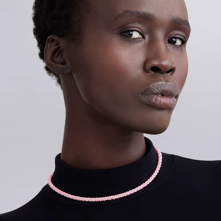 Pink Caviar Rope Necklace in 18K Yellow Gold Sterling Silver and Ceramic 16"