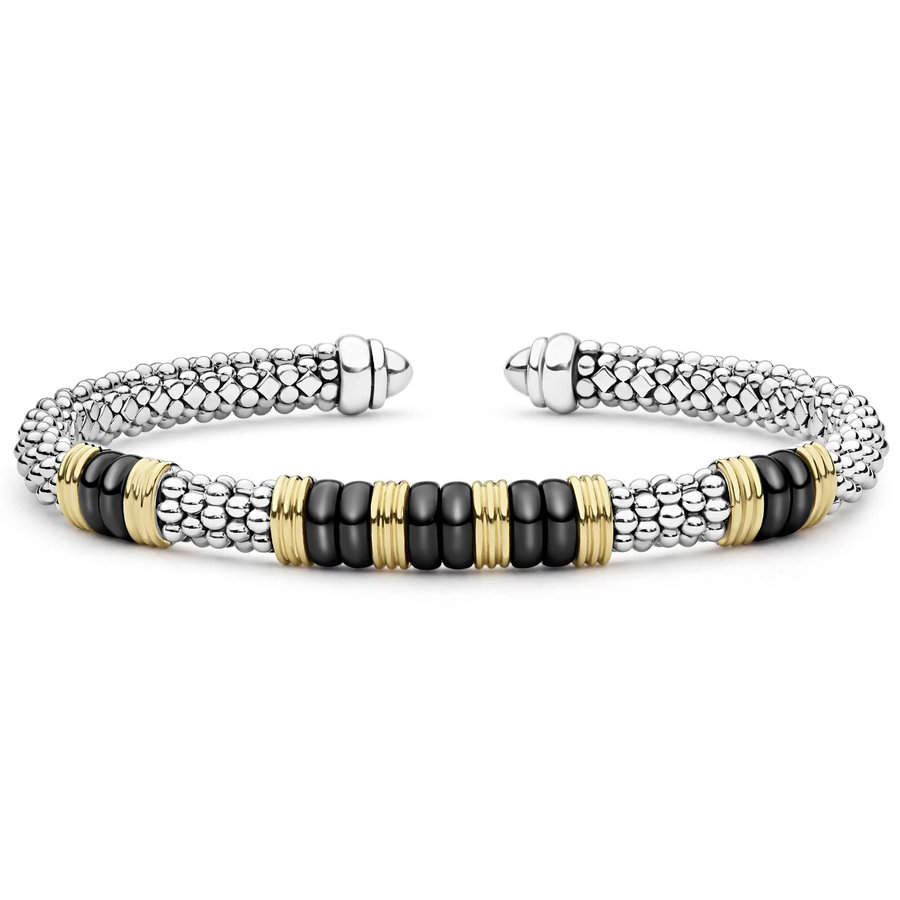 Black Caviar 5 Station Cuff Bracelet in 18K Yellow Gold, Sterling Silver and Ceramic, size 7
