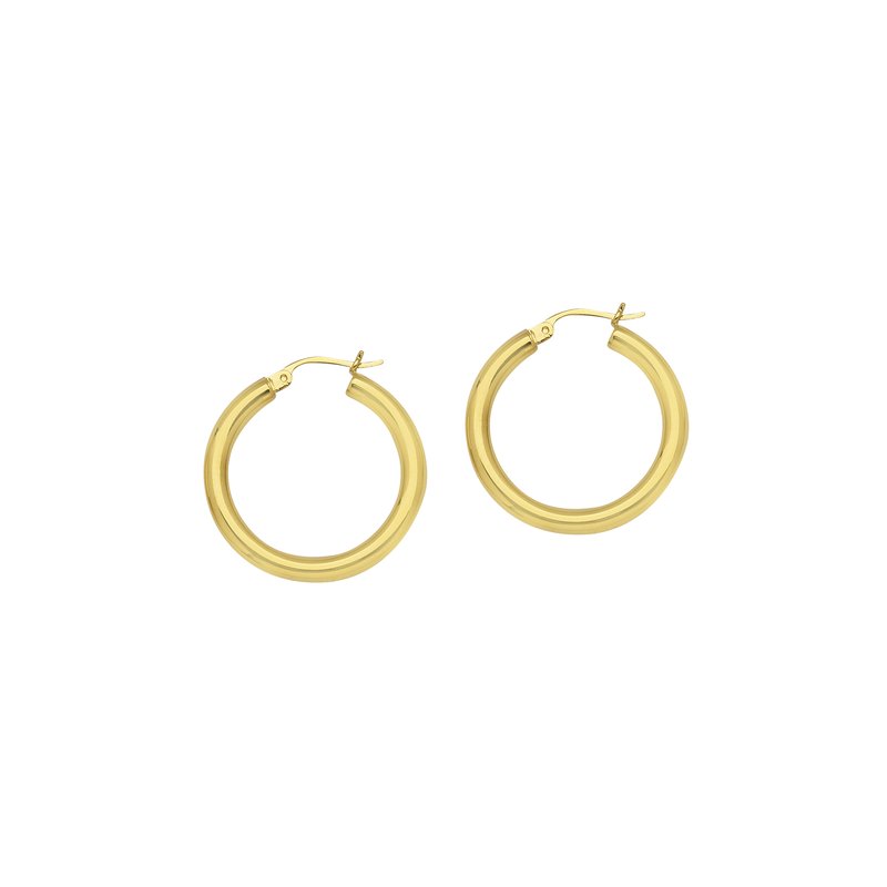 A pair of round tube polished hoop earrings in 14K yellow gold, with a diameter of 3x20mm.