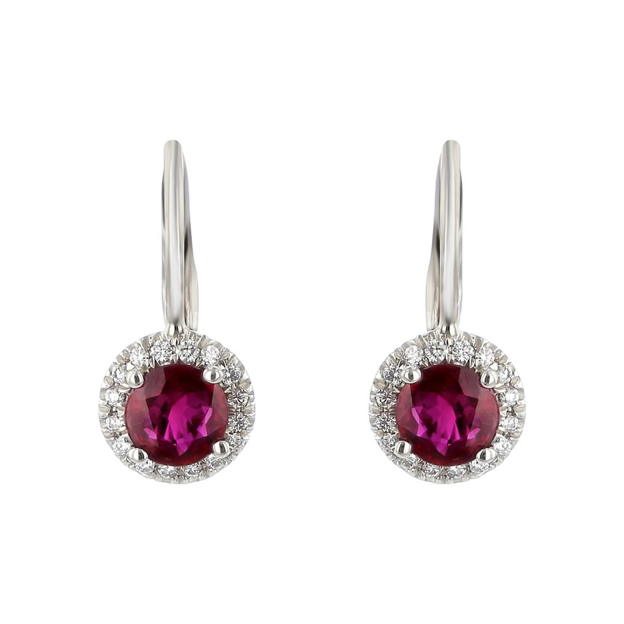 1.07ct Ruby and 0.12ct Diamond Halo Leverback Earrings in Platinum