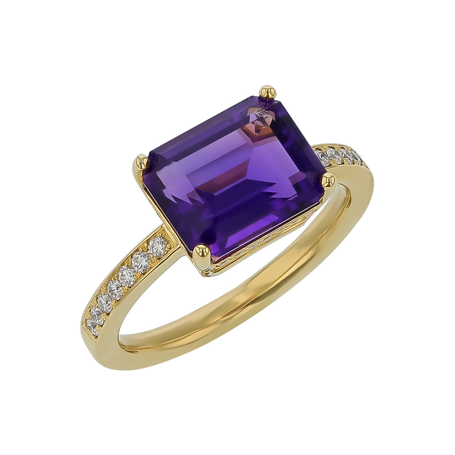 3.01ct Emerald Cut Amethyst and 0.21ct Diamond Ring in 18K Yellow Gold, Size 6.5