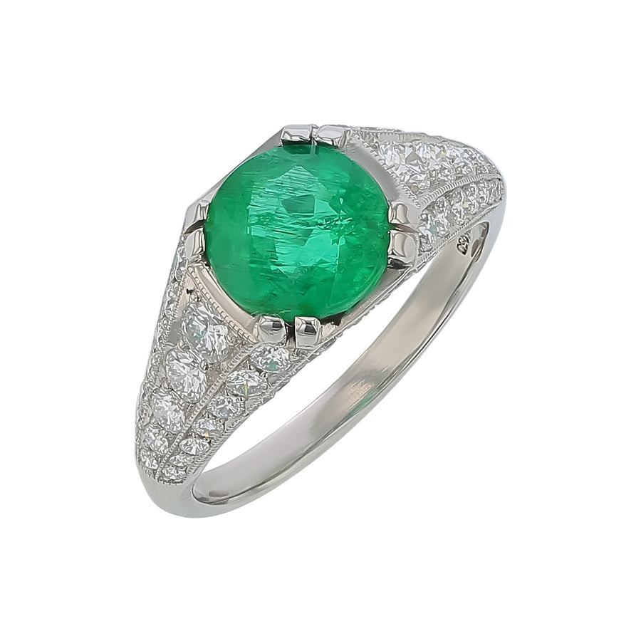 1.56ct Round Zambian Emerald and 0.80ct Diamond Ring in Platinum, Size 5.75