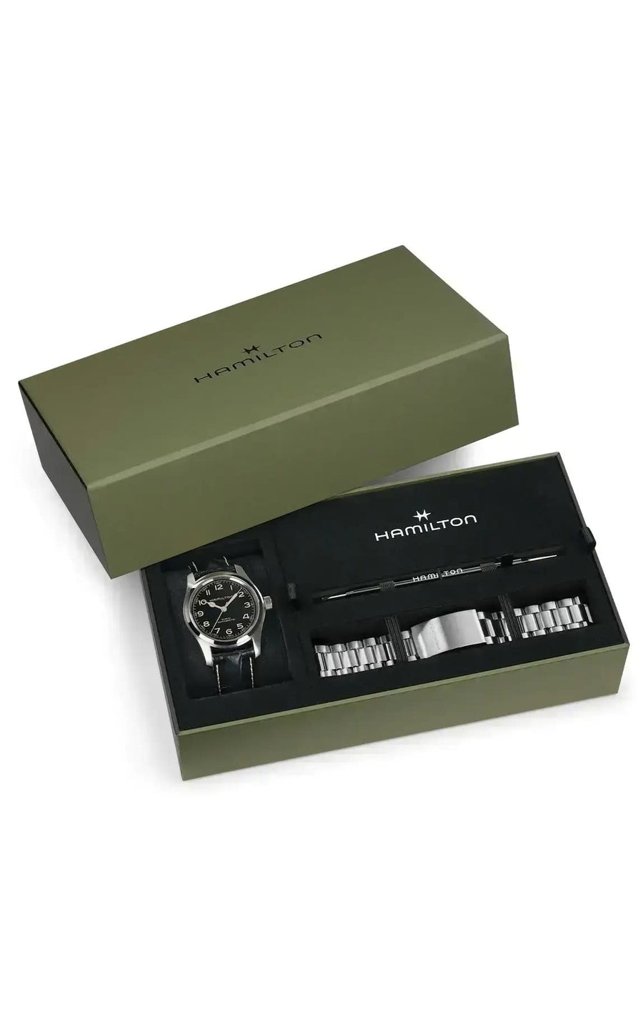 42mm Khaki Field Auto Watch with Black Dial in Stainless Steel, Bracelet Bundle