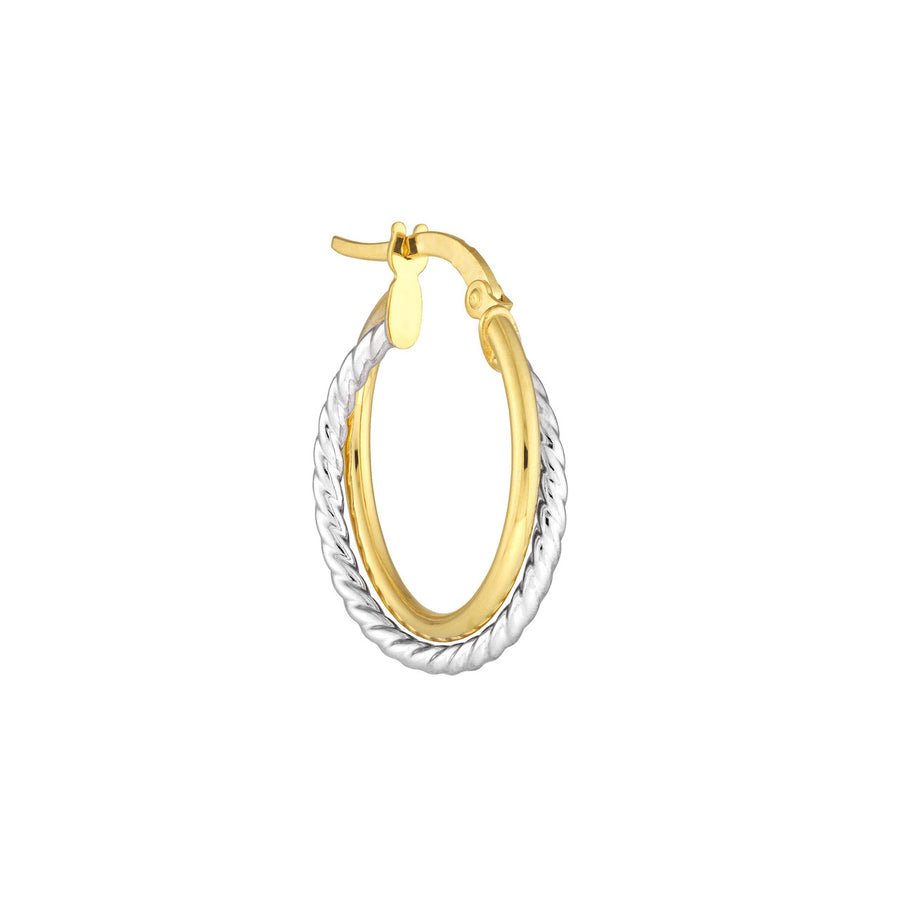 A single hoop earring made of intertwined yellow and white gold with a twisted design.