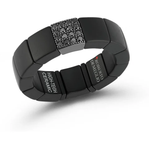 Scacco Men's 0.15ct Black Diamond 1 Station  Stretch Ring in Ceramic and 18K White Gold Size 10