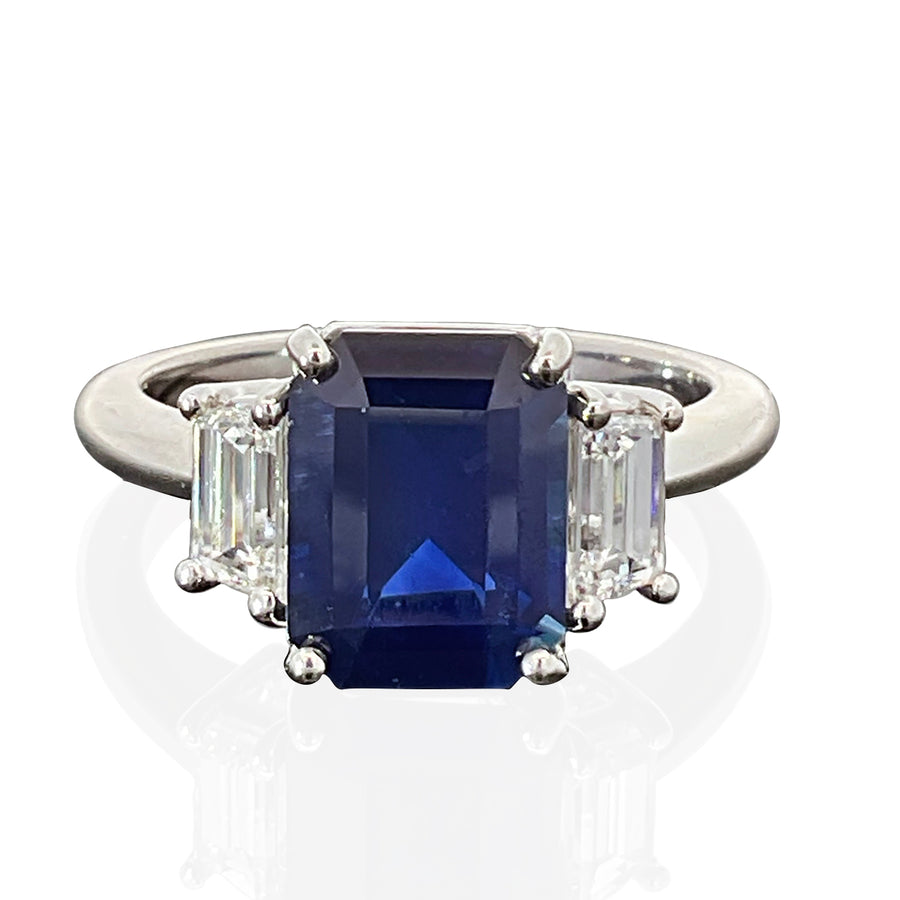 3.17ct Emerald Cut Sapphire and 0.52ct Trapezoid Diamond 3 Stone Ring in Platinum, size 6.5