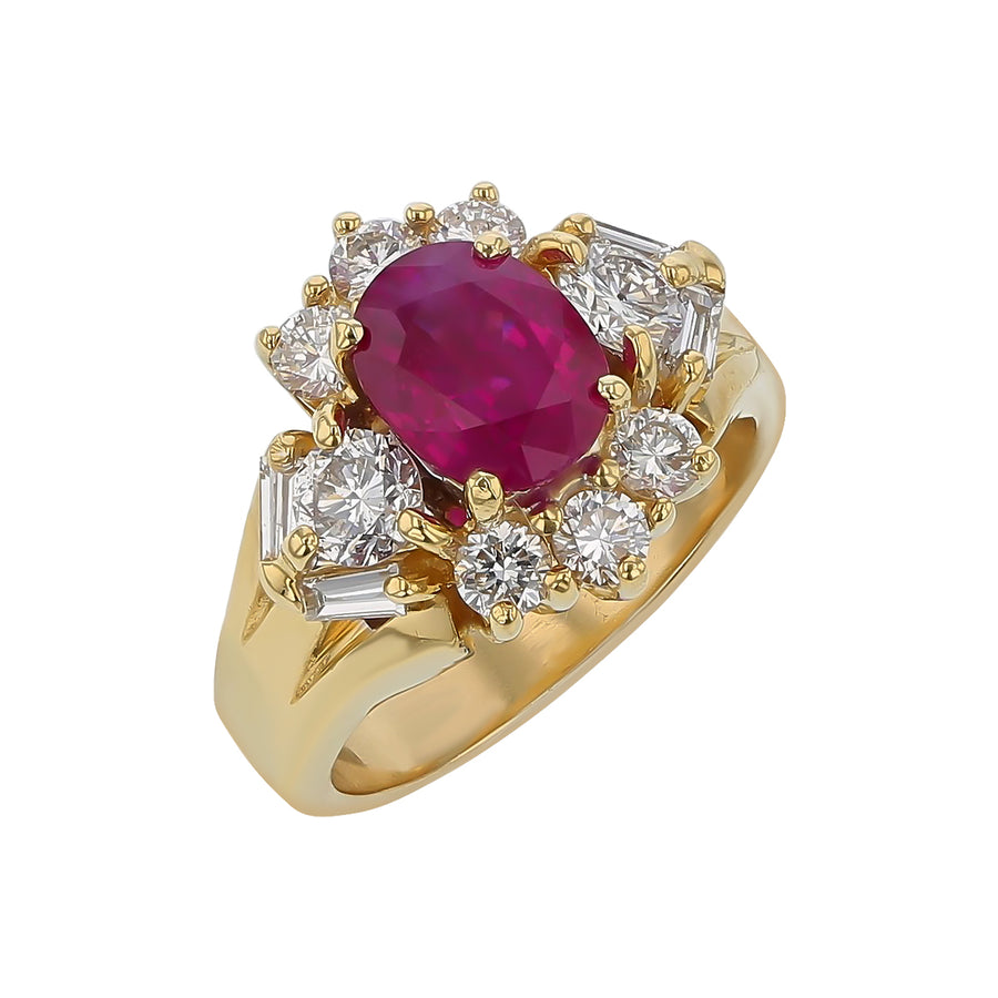 2.26ct Ruby and 1.15ct Diamond Halo Ring in 18K Yellow Gold, Size 6