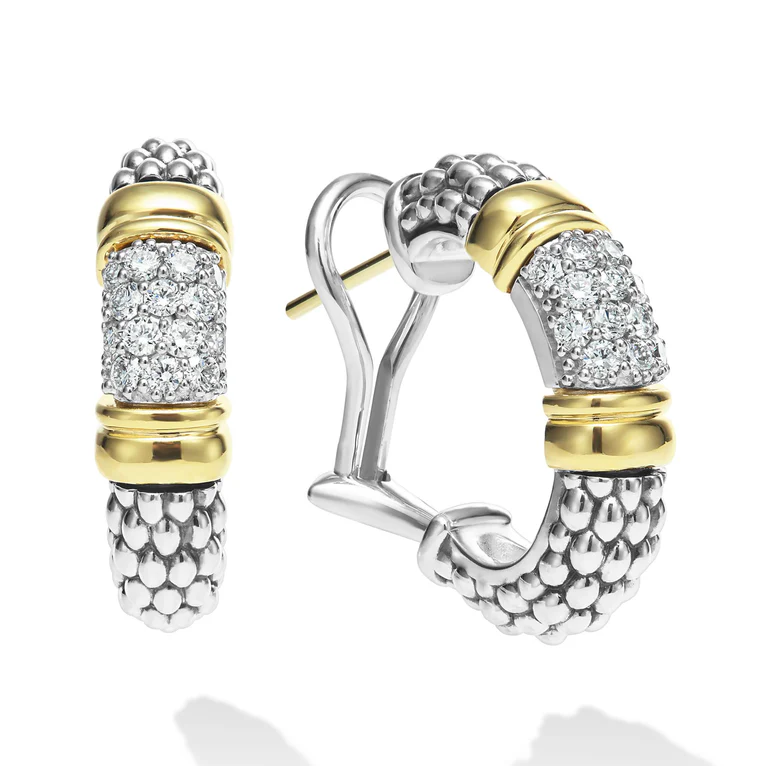 Gold and silver hoop earrings with diamond-like stones on a white background