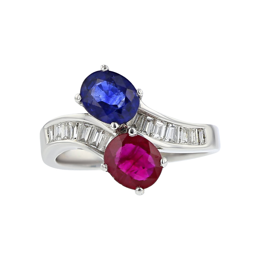 1.75ct Oval Burma Ruby, 1.50ct Oval Sri Lankan Sapphire, and 0.40ct Baguette Diamond Ring in 18K White Gold, size 7.5