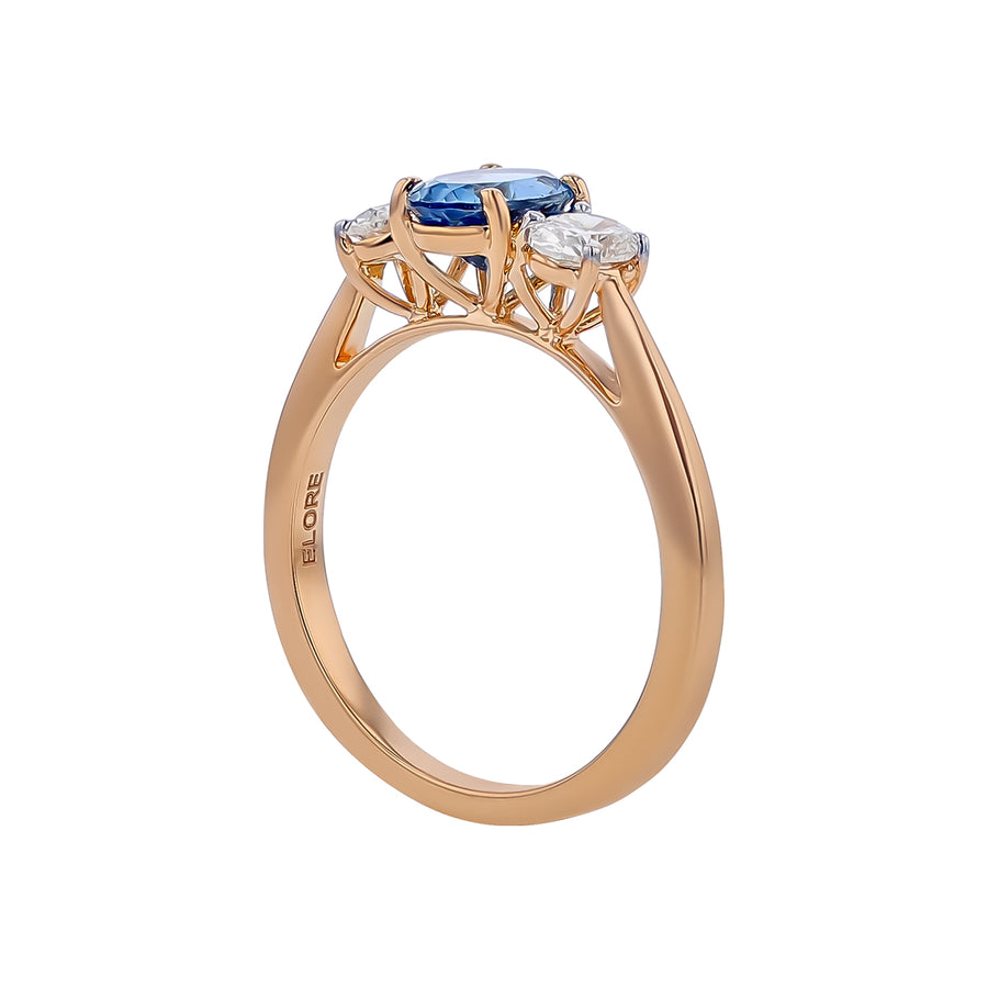 0.70ct Oval African Aquamarine and 0.46ct Oval Diamond 3 Stone Ring in 18K Yellow Gold, size 6