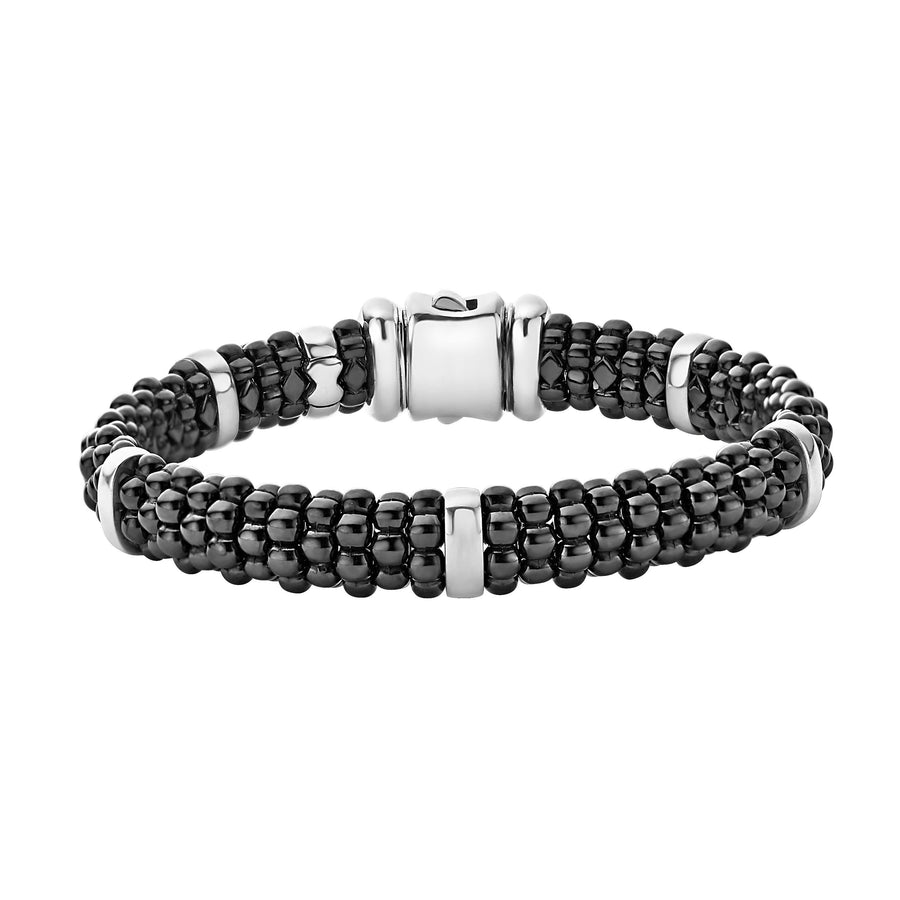 Caviar Station Bracelet in Black Ceramic with Sterling Silver, Size 7
