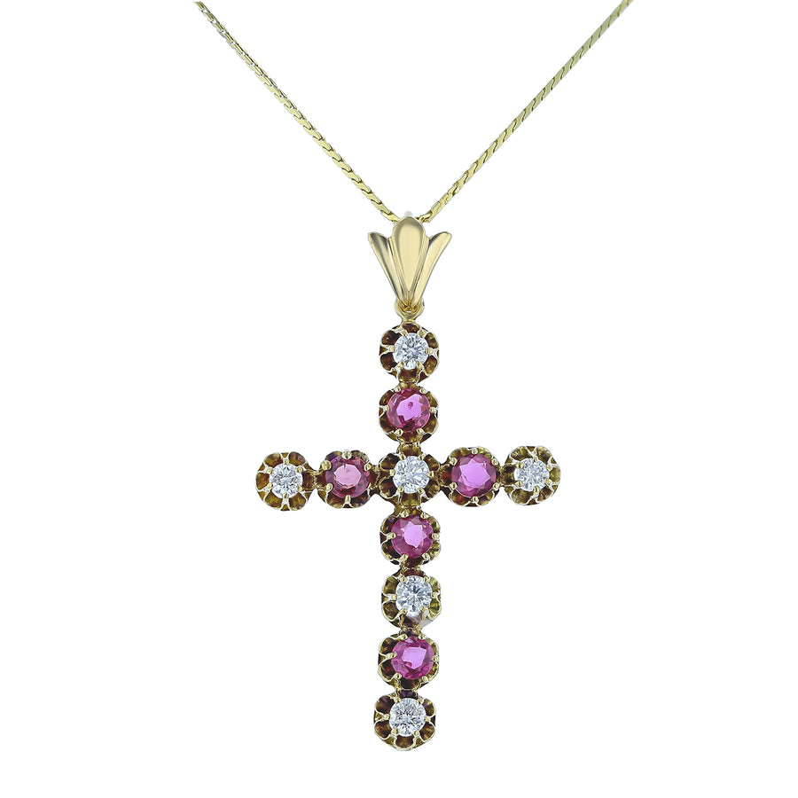 1.30ct Round Ruby and 0.72ct Diamond Cross Pendant in 18K Yellow Gold, 18" chain, circa 1950s