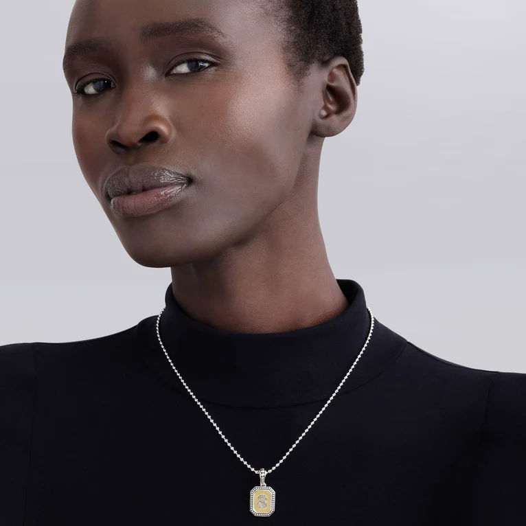 Signature Caviar 0.06ct Diamond Octagon Initial "P" Pendant in 18K Yellow Gold and Sterling Silver, without chain